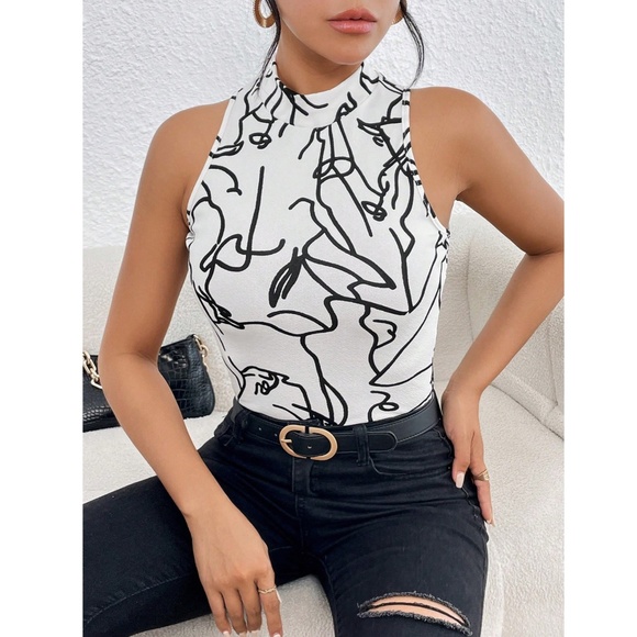 Abstract Face Print White Sleeveless Top Slim Fit High Neck - Picture 3 of 8